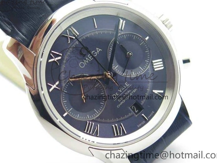 0308 MoistureWicking De Ville Chronograph SS OMF 1:1 Best Edition Blue Dial On Blue Leather Strap A 8110